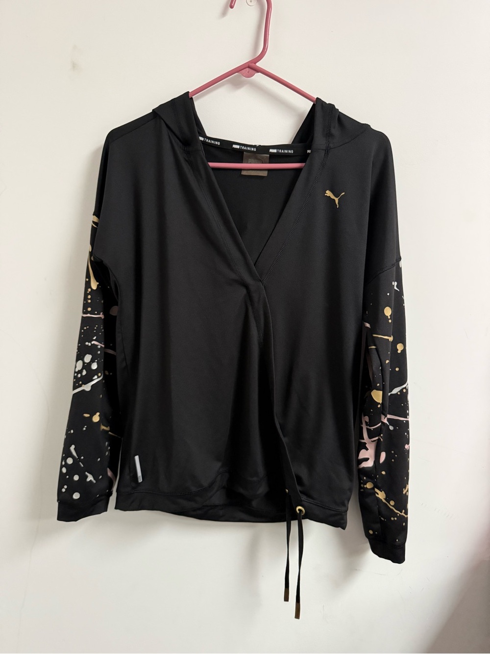 Puma Black Hooded Pullover with Gold and Pink Splatter Sleeves